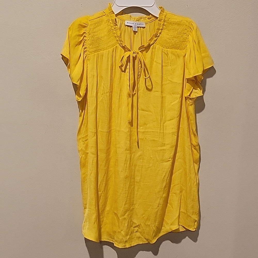 ❤️ MAISON D'AMELIE SATIN RUFFLE NECK TOP, SMOCKED, YELLOW, XS - Picture 2 of 7